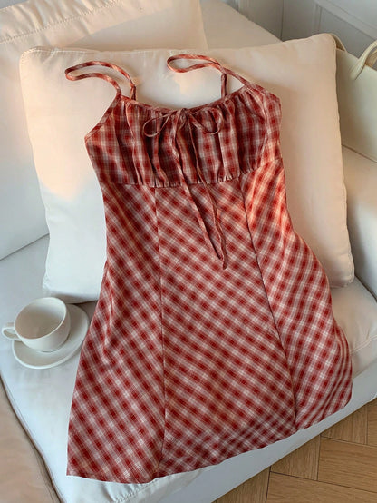Comfortcana Fashionable Sexy Preppy Romantic Red And White Plaid Mini Dress For Women Summer Clothes Back-To-School New Year Elegant School Graduation