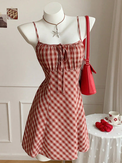 Comfortcana Fashionable Sexy Preppy Romantic Red And White Plaid Mini Dress For Women Summer Clothes Back-To-School New Year Elegant School Graduation