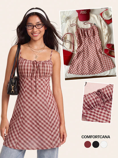 Comfortcana Fashionable Sexy Preppy Romantic Red And White Plaid Mini Dress For Women Summer Clothes Back-To-School New Year Elegant School Graduation