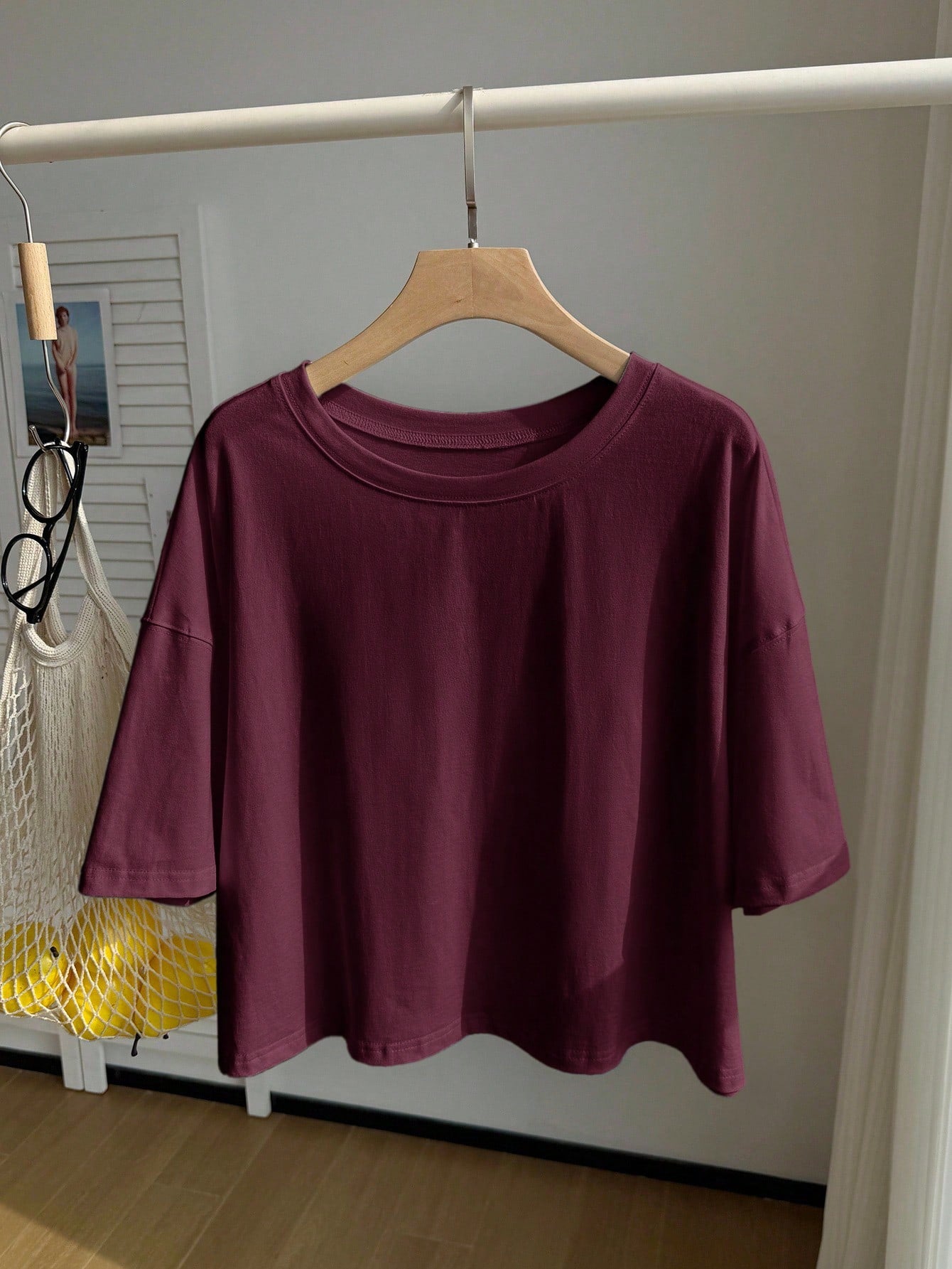 Comfortcana Wine Red Solid Color Dropped Shoulder Casual Plus Size T-Shirt