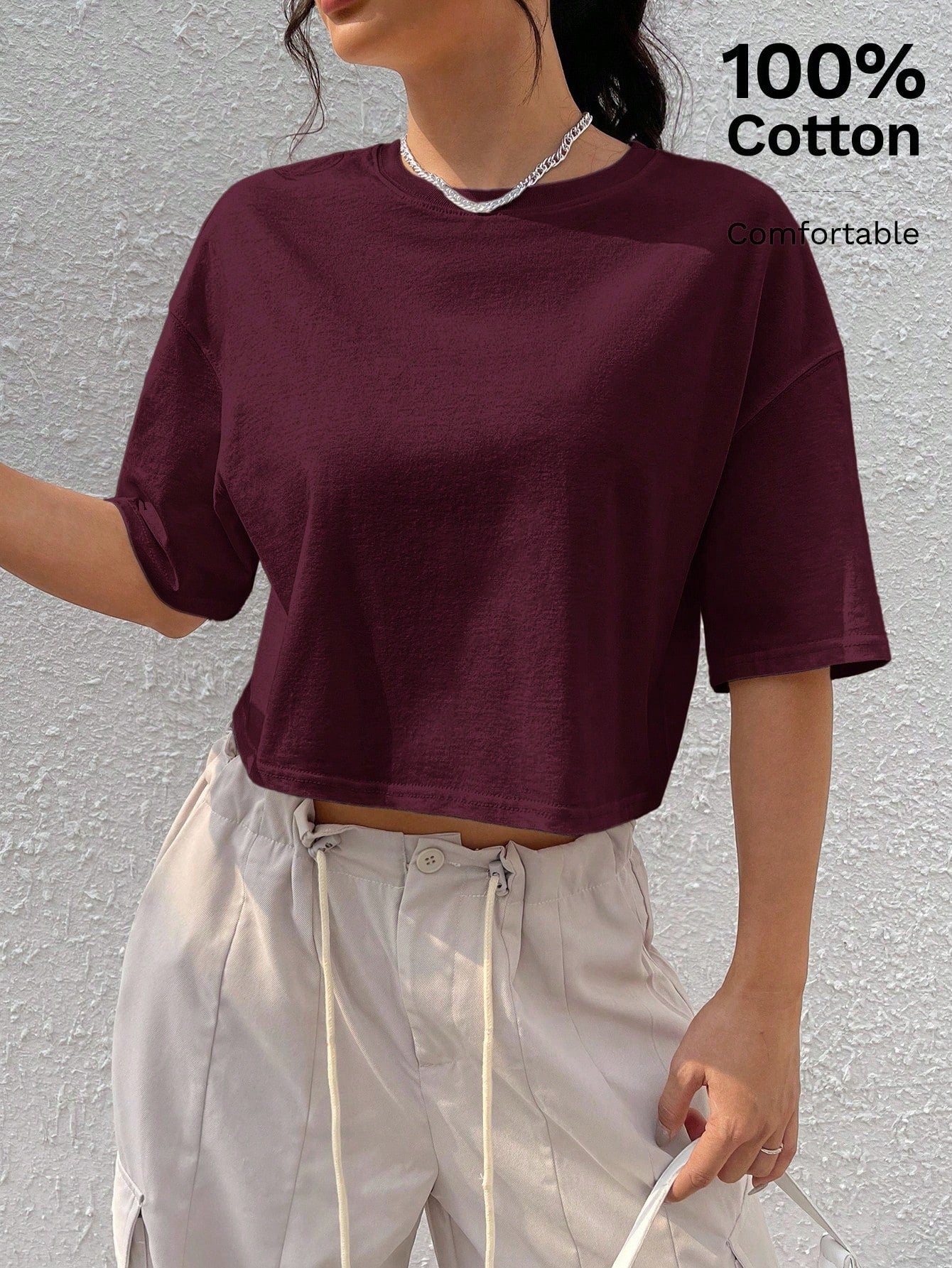 Comfortcana Wine Red Solid Color Dropped Shoulder Casual Plus Size T-Shirt