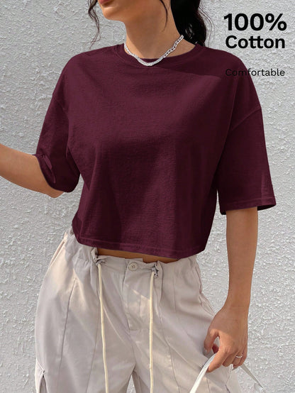 Comfortcana Wine Red Solid Color Dropped Shoulder Casual Plus Size T-Shirt