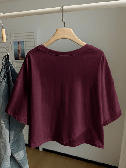 Comfortcana Wine Red Solid Color Dropped Shoulder Casual Plus Size T-Shirt