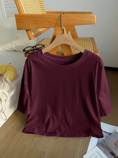 Comfortcana Wine Red Solid Color Dropped Shoulder Casual Plus Size T-Shirt