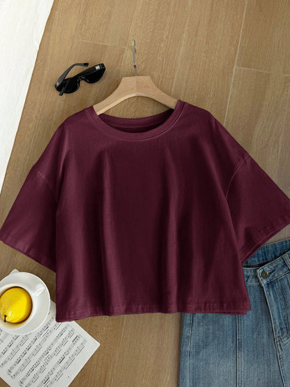Comfortcana Wine Red Solid Color Dropped Shoulder Casual Plus Size T-Shirt