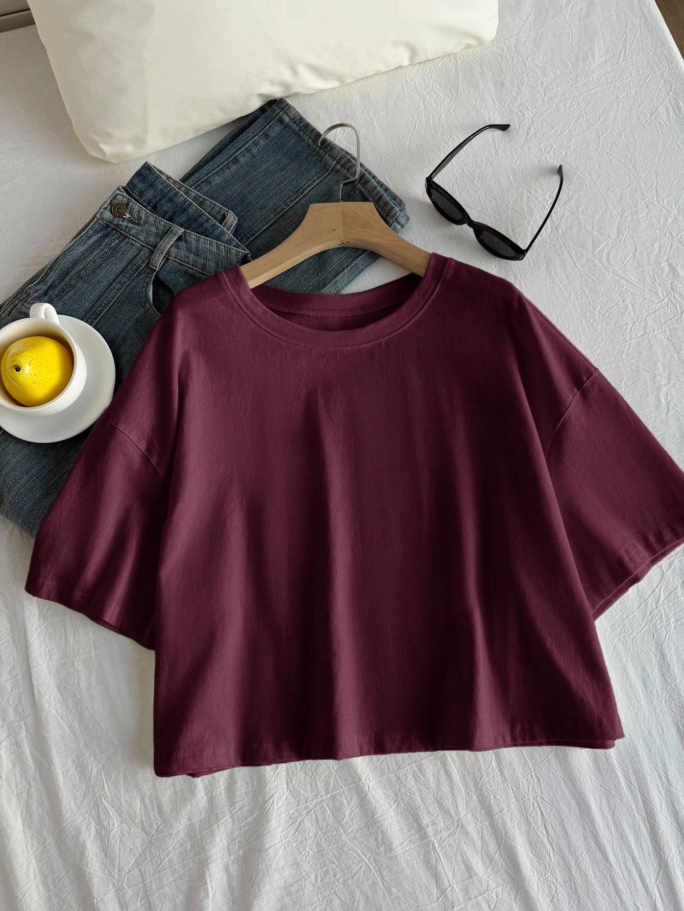 Comfortcana Wine Red Solid Color Dropped Shoulder Casual Plus Size T-Shirt