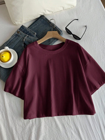 Comfortcana Wine Red Solid Color Dropped Shoulder Casual Plus Size T-Shirt