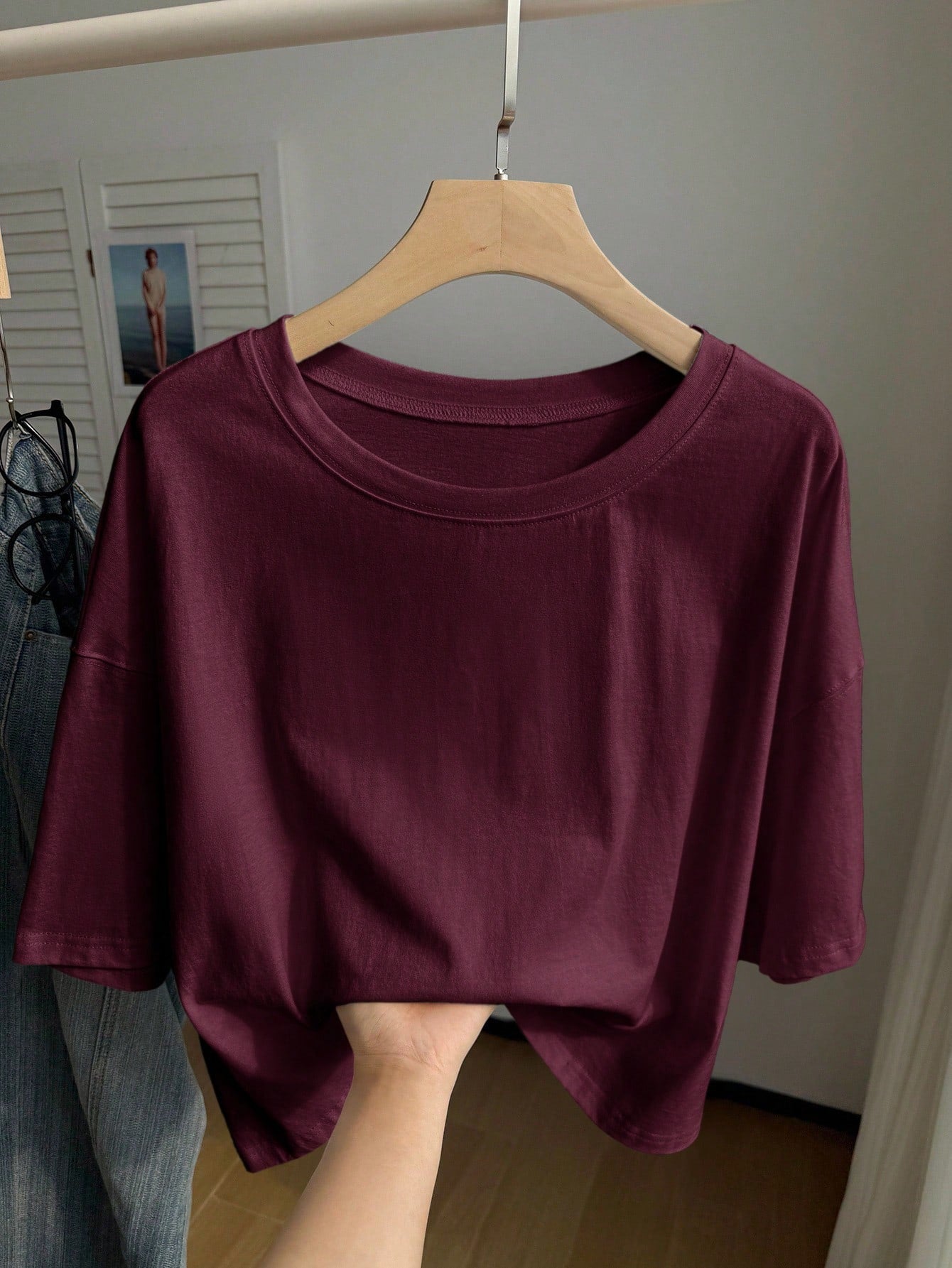 Comfortcana Wine Red Solid Color Dropped Shoulder Casual Plus Size T-Shirt