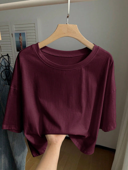 Comfortcana Wine Red Solid Color Dropped Shoulder Casual Plus Size T-Shirt