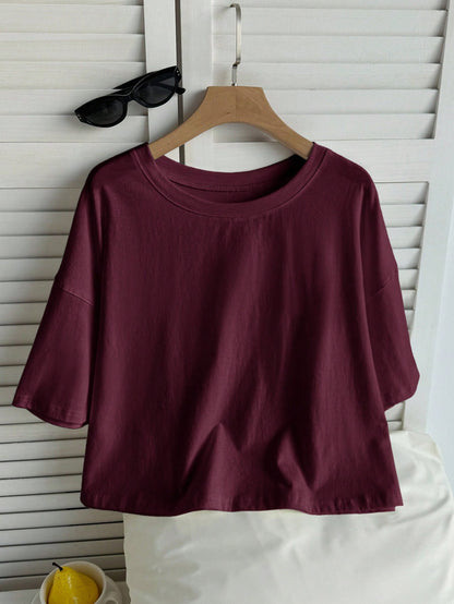 Comfortcana Wine Red Solid Color Dropped Shoulder Casual Plus Size T-Shirt