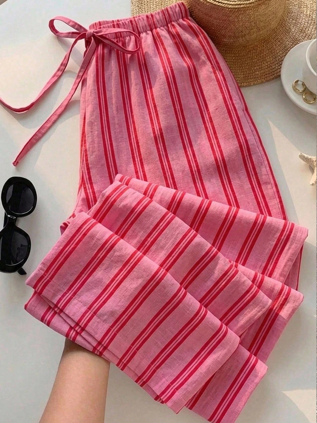 Comfortcana Women's Casual Waist Tie Straight Leg Pants, Colorful Stripes, Street Style, Suitable For Daily Commute, Dating, Gathering, Autumn/Winter, Summer, Party, Wedding, Beach, Graduation Ceremon