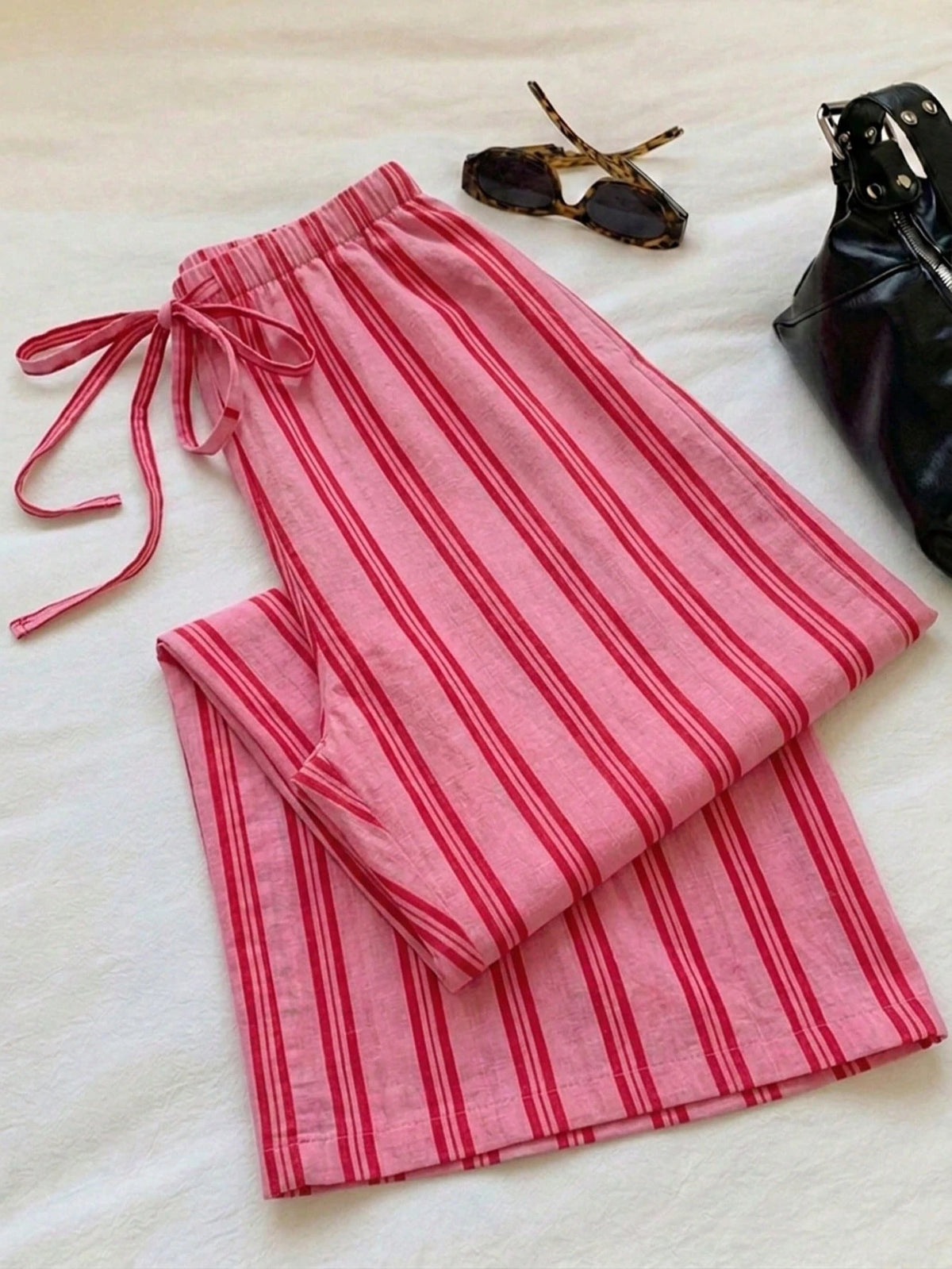 Comfortcana Women's Casual Waist Tie Straight Leg Pants, Colorful Stripes, Street Style, Suitable For Daily Commute, Dating, Gathering, Autumn/Winter, Summer, Party, Wedding, Beach, Graduation Ceremon