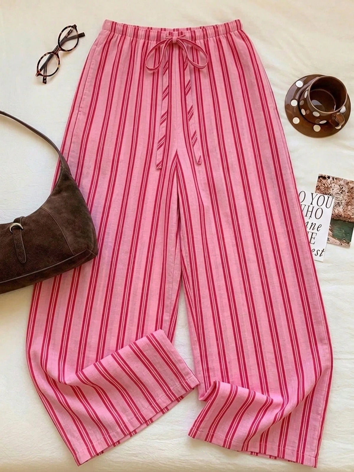 Comfortcana Women's Casual Waist Tie Straight Leg Pants, Colorful Stripes, Street Style, Suitable For Daily Commute, Dating, Gathering, Autumn/Winter, Summer, Party, Wedding, Beach, Graduation Ceremon