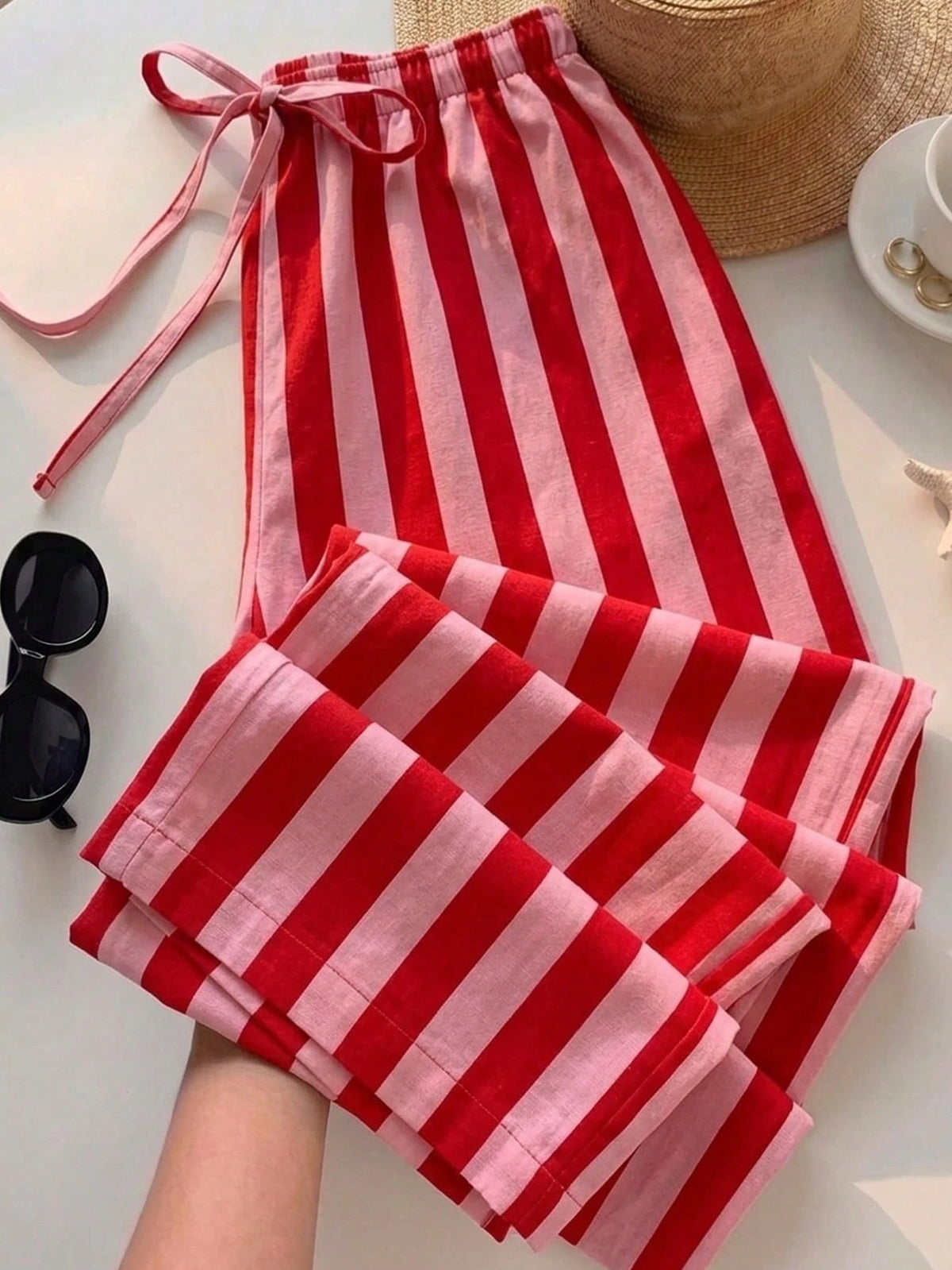 Comfortcana Women's Casual Waist Tie Straight Leg Pants, Colorful Stripes, Street Style, Suitable For Daily Commute, Dating, Gathering, Autumn/Winter, Summer, Party, Wedding, Beach, Graduation Ceremon