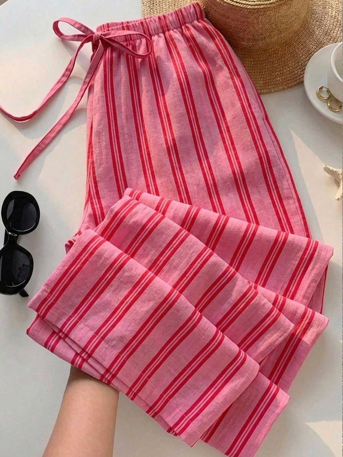 Comfortcana Women's Casual Waist Tie Straight Leg Pants, Colorful Stripes, Street Style, Suitable For Daily Commute, Dating, Gathering, Autumn/Winter, Summer, Party, Wedding, Beach, Graduation Ceremon