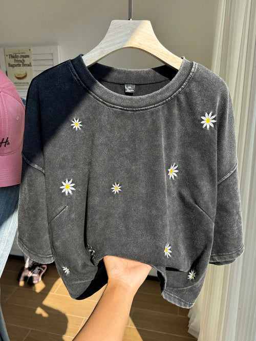 Comfortcana Women's Plus Size Short Sleeve Cotton T-Shirt, Dark Green, Summer, Smart Casual 90s, Everyday Washed Snowflake Embroidered Daisy Vacation