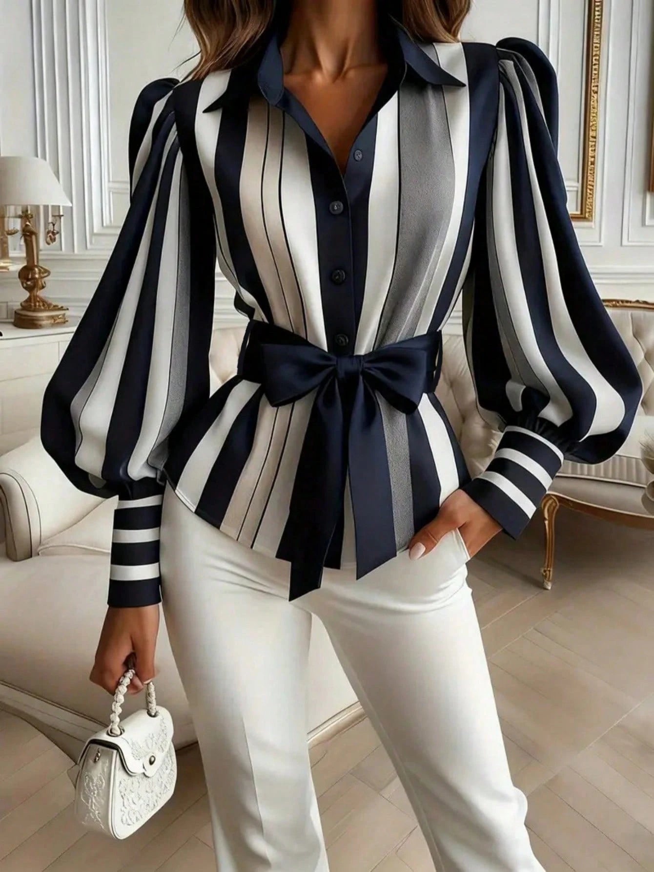 Contrast Color Striped Front Button Bow Tie Waist Belt, Suitable For Everyday Wear Spring