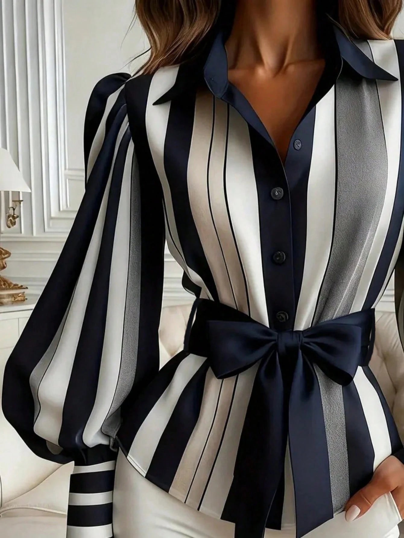 Contrast Color Striped Front Button Bow Tie Waist Belt, Suitable For Everyday Wear Spring