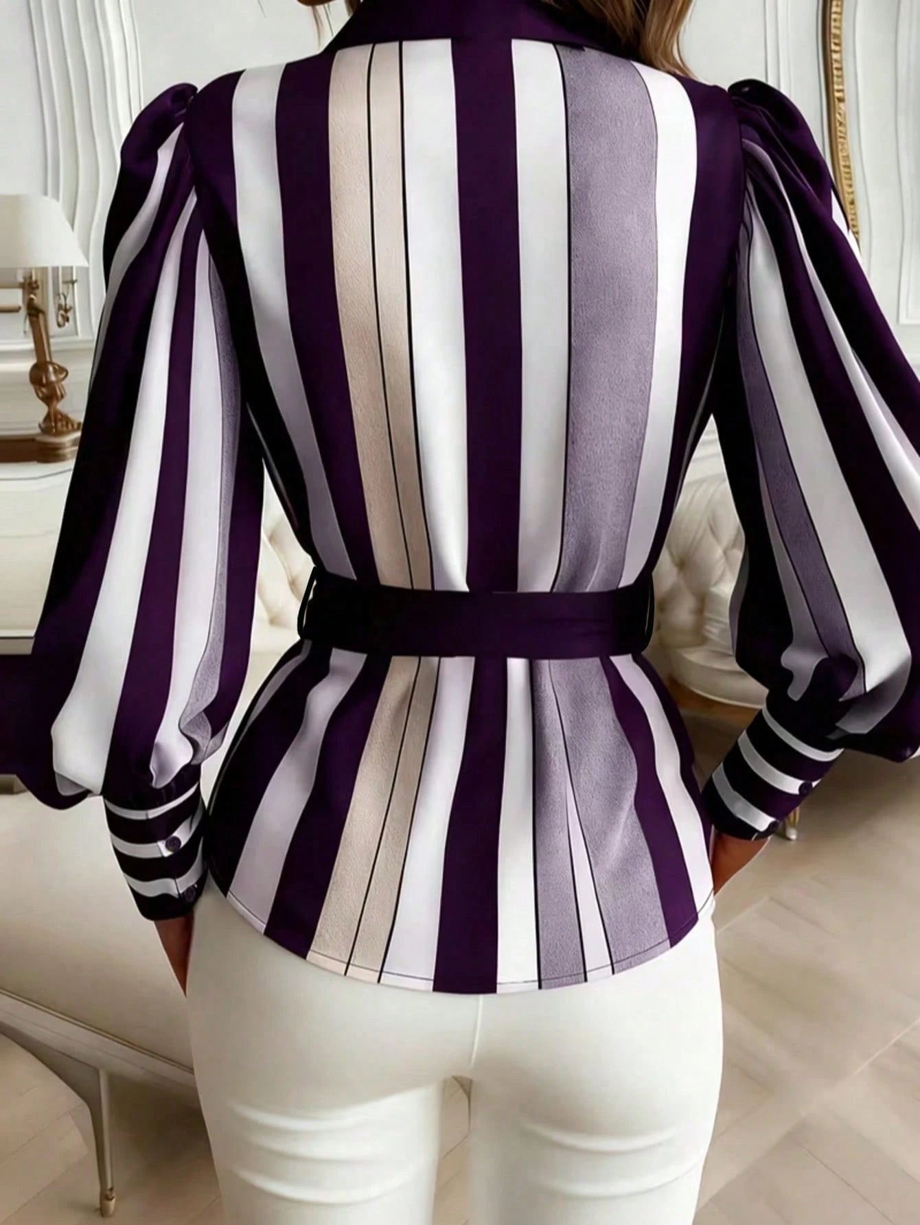 Contrast Color Striped Front Button Bow Tie Waist Belt, Suitable For Everyday Wear Spring