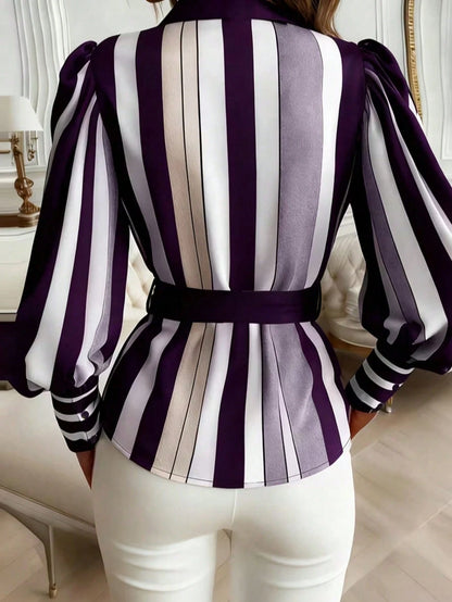 Contrast Color Striped Front Button Bow Tie Waist Belt, Suitable For Everyday Wear Spring