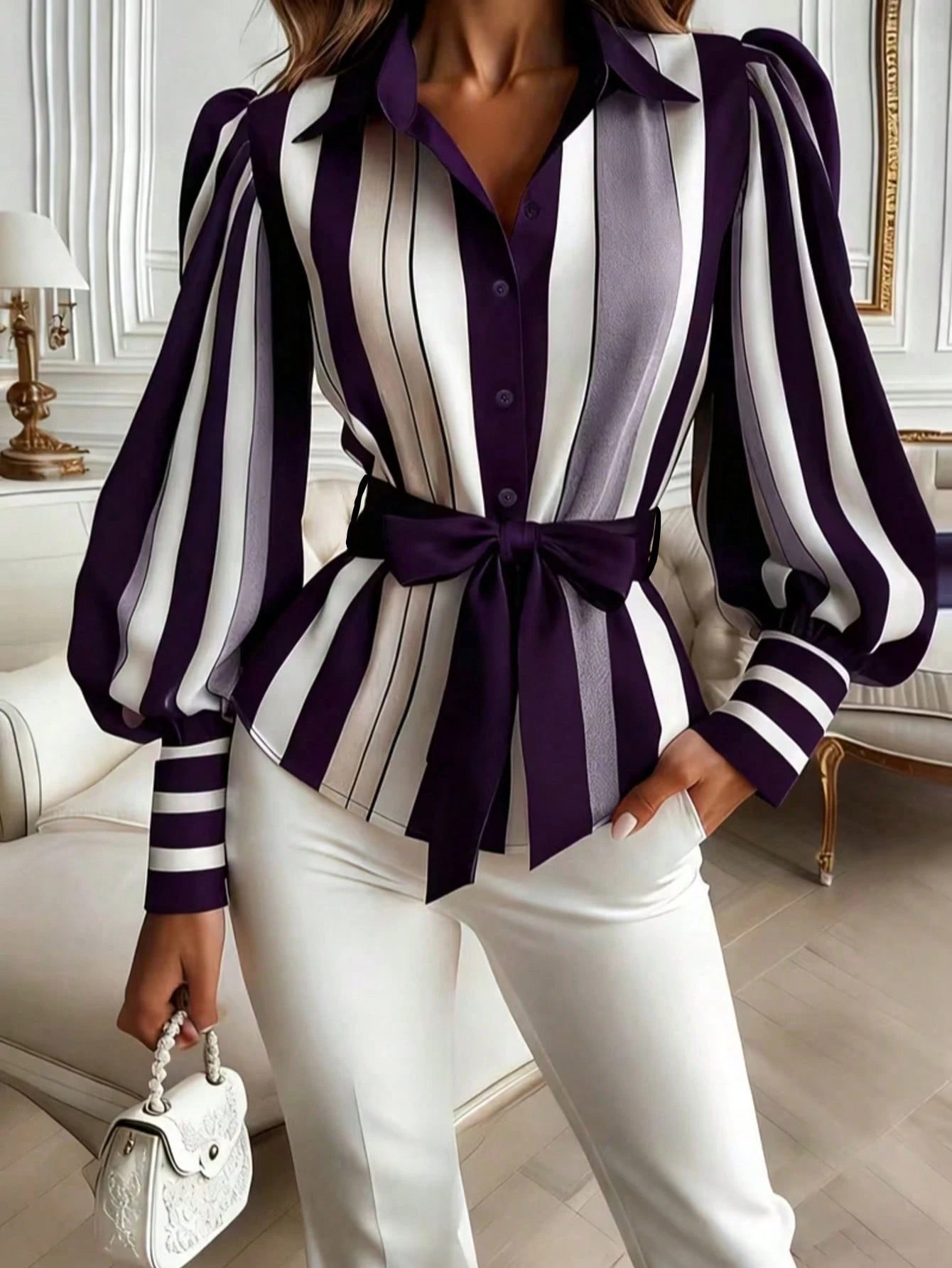 Contrast Color Striped Front Button Bow Tie Waist Belt, Suitable For Everyday Wear Spring