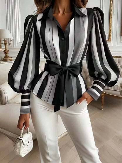Contrast Color Striped Front Button Bow Tie Waist Belt, Suitable For Everyday Wear Spring