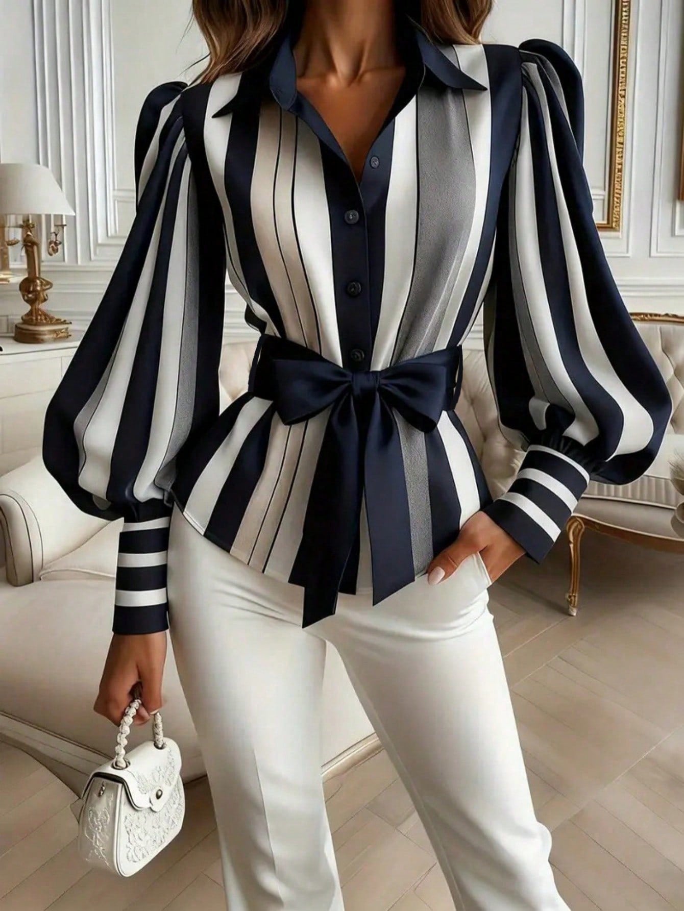 Contrast Color Striped Front Button Bow Tie Waist Belt, Suitable For Everyday Wear Spring