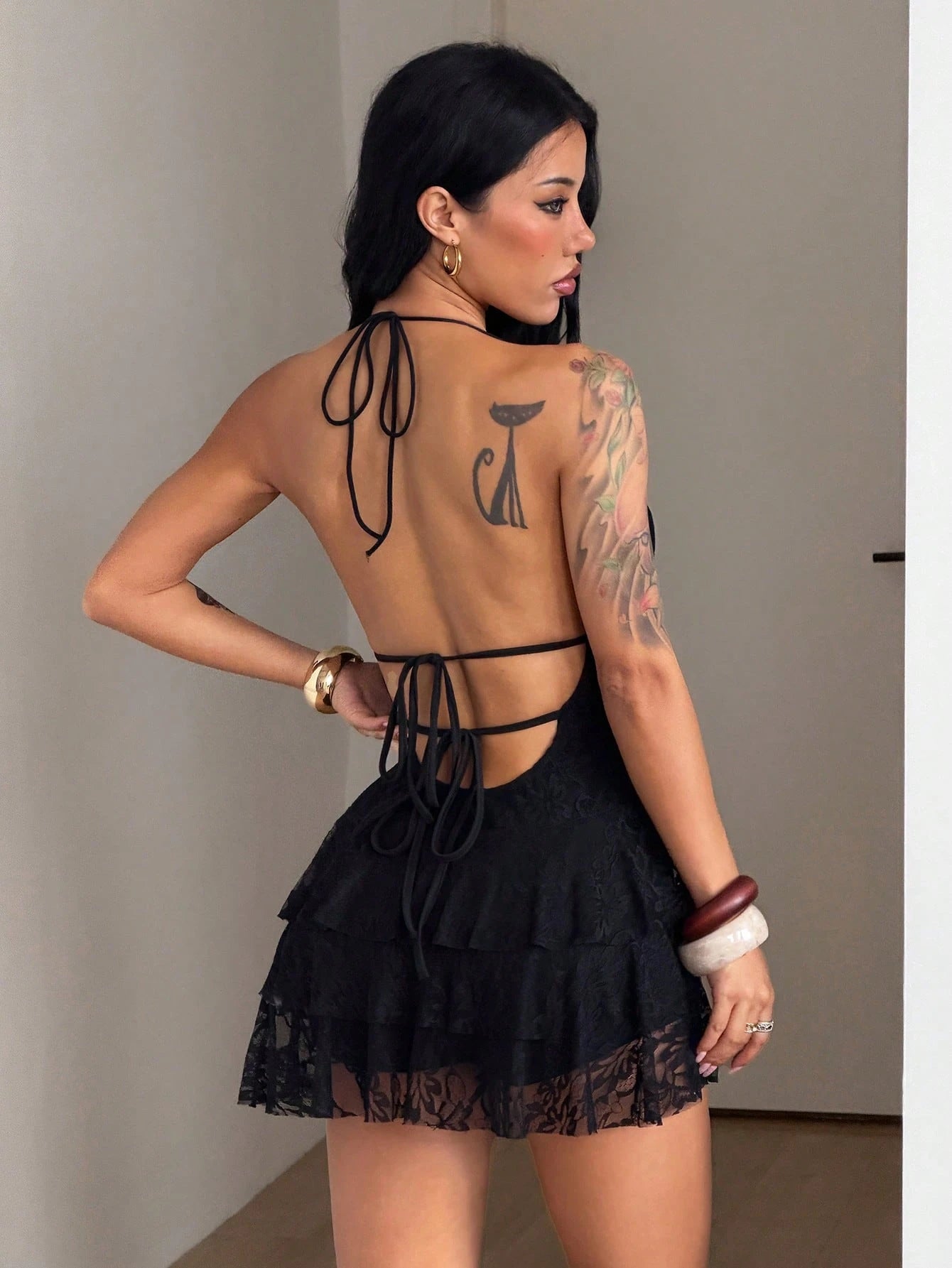 Coolane Women's Summer Concert Outfit Party Club Night Streetwear Laced Sexy Y2K Vacation Outfits Date Night Casual Lace Ruffle Black V-Neck Backless Dress
