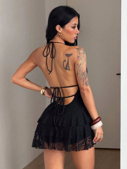 Coolane Women's Summer Concert Outfit Party Club Night Streetwear Laced Sexy Y2K Vacation Outfits Date Night Casual Lace Ruffle Black V-Neck Backless Dress