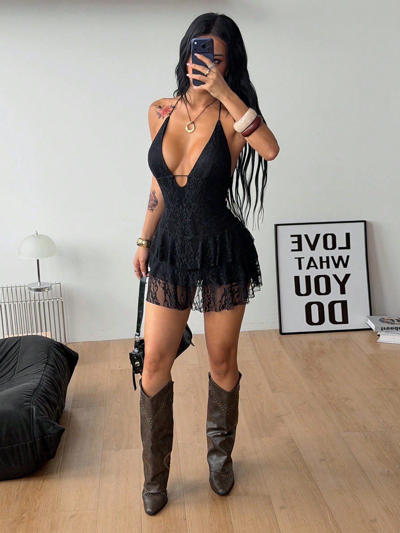 Coolane Women's Summer Concert Outfit Party Club Night Streetwear Laced Sexy Y2K Vacation Outfits Date Night Casual Lace Ruffle Black V-Neck Backless Dress