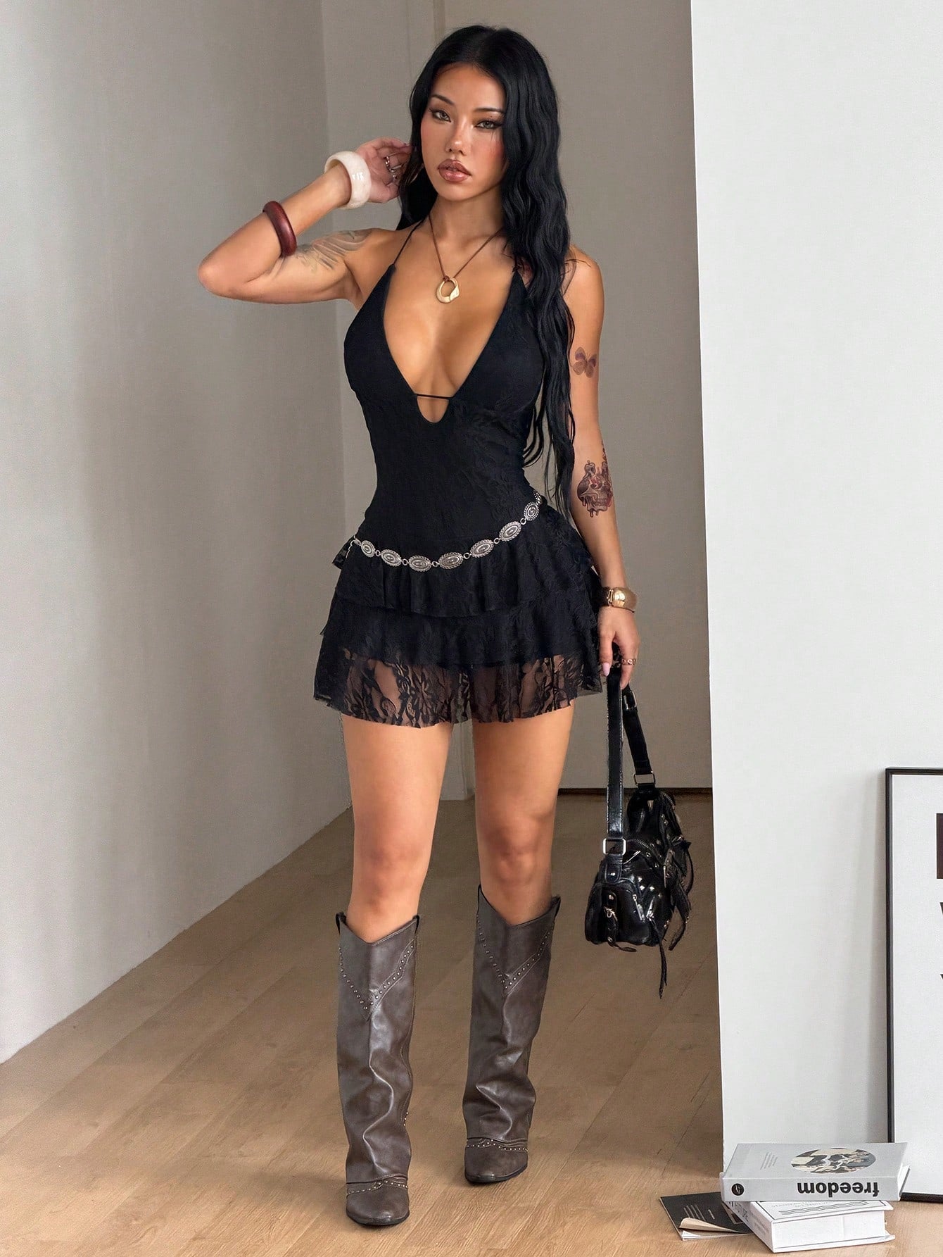 Coolane Women's Summer Concert Outfit Party Club Night Streetwear Laced Sexy Y2K Vacation Outfits Date Night Casual Lace Ruffle Black V-Neck Backless Dress