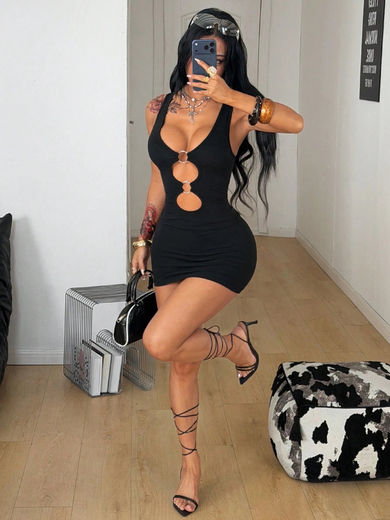 Coolane Women's Summer Streetwear Rave Club Night Out Outfit Casual Sexy Music Festival Party Y2K Gyaru Cut Out Stretchy Sleeveless Black Mini Dress