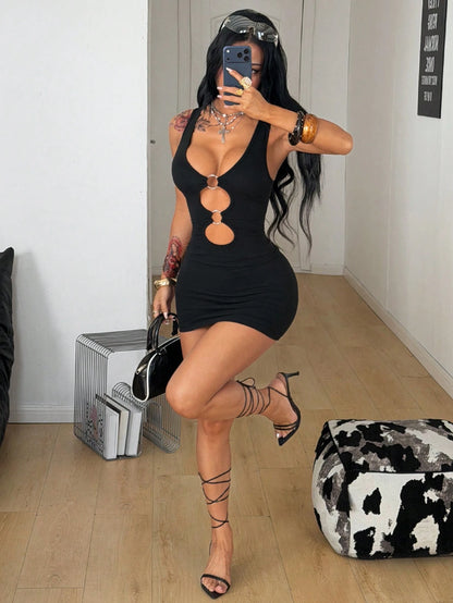 Coolane Women's Summer Streetwear Rave Club Night Out Outfit Casual Sexy Music Festival Party Y2K Gyaru Cut Out Stretchy Sleeveless Black Mini Dress