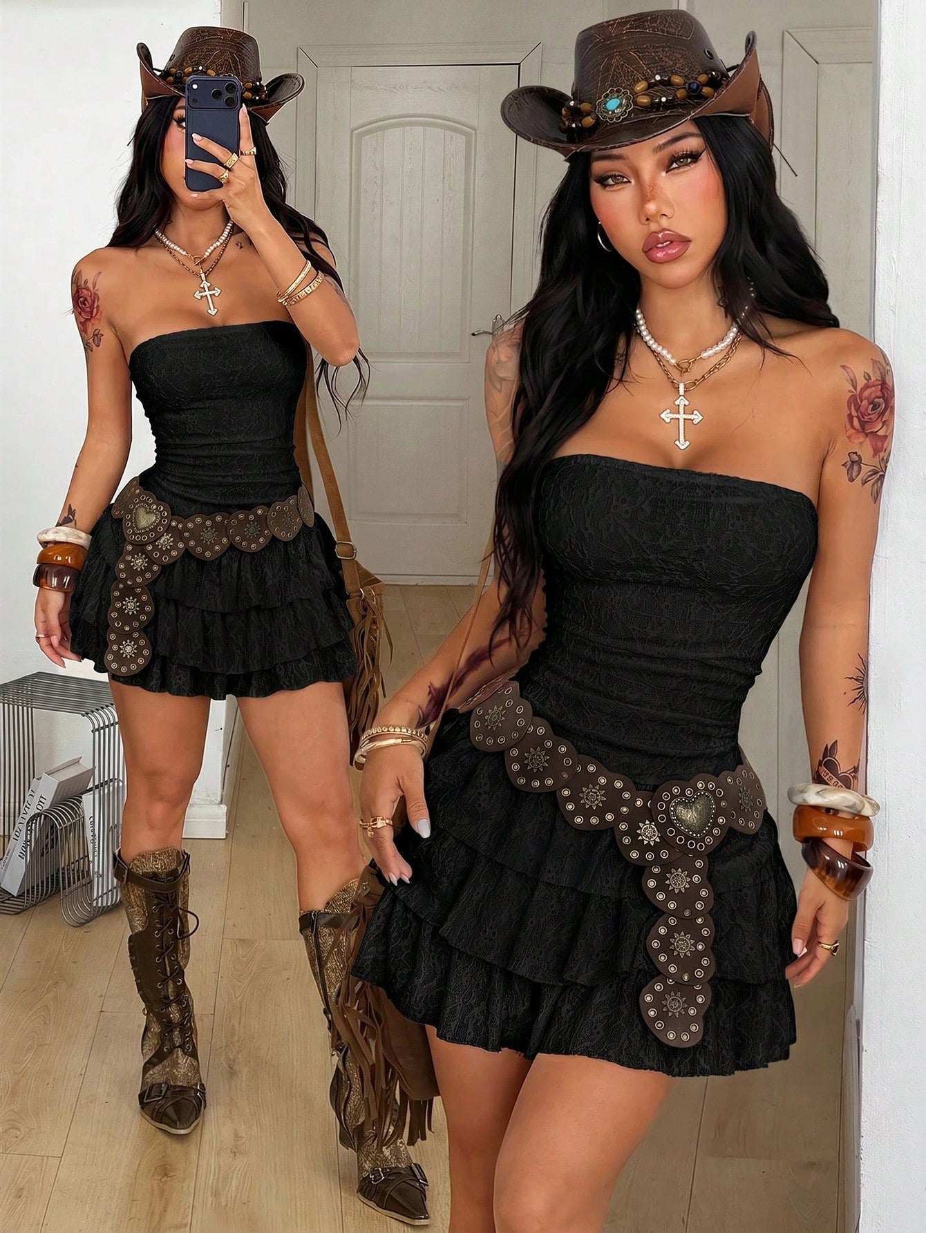 Coolane Women's Summer Streetwear Sexy Hippie Boho Beach Club Night Outfits Vacation Outfits Spring Break Outfits Fairycore Black Lace Mini Ruffle Tube Dress