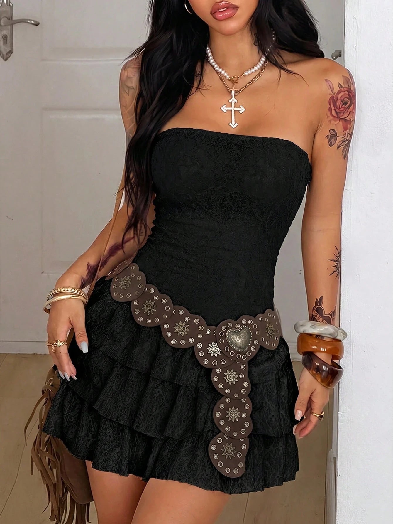 Coolane Women's Summer Streetwear Sexy Hippie Boho Beach Club Night Outfits Vacation Outfits Spring Break Outfits Fairycore Black Lace Mini Ruffle Tube Dress