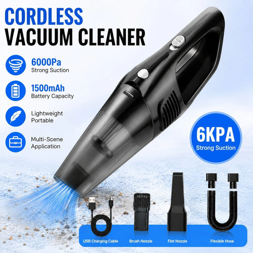 Cordless Car Vacuum Cleaner With Powerful Suction; Features Low-Noise Operation And Multiple Attachments; Suitable For Cleaning Car Interiors, Home Spaces, And Pet Messes.