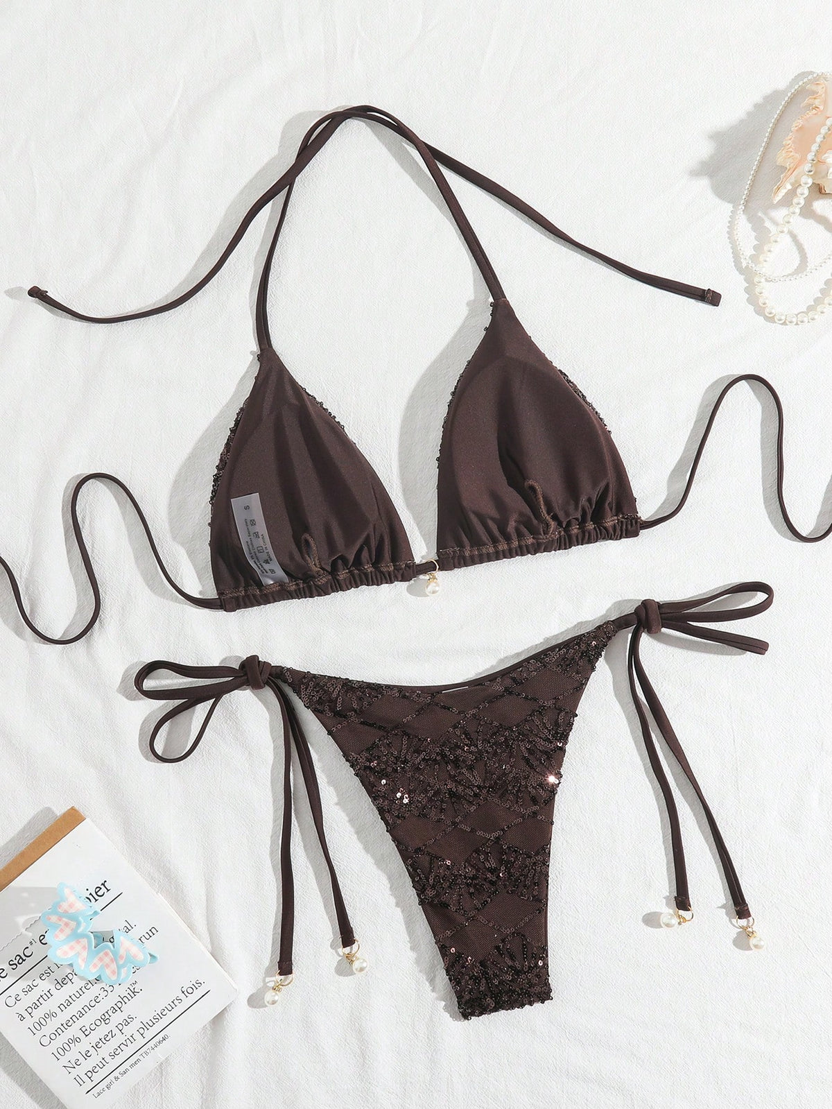 Costavie Brown,Summer,Elegant,Beach Party,Holiday,Holiday 2-Piece Swimwear Set,Sparkly Textured Pearl Decor Halter Triangle Bra Top & Side Tie Bikini Bottoms