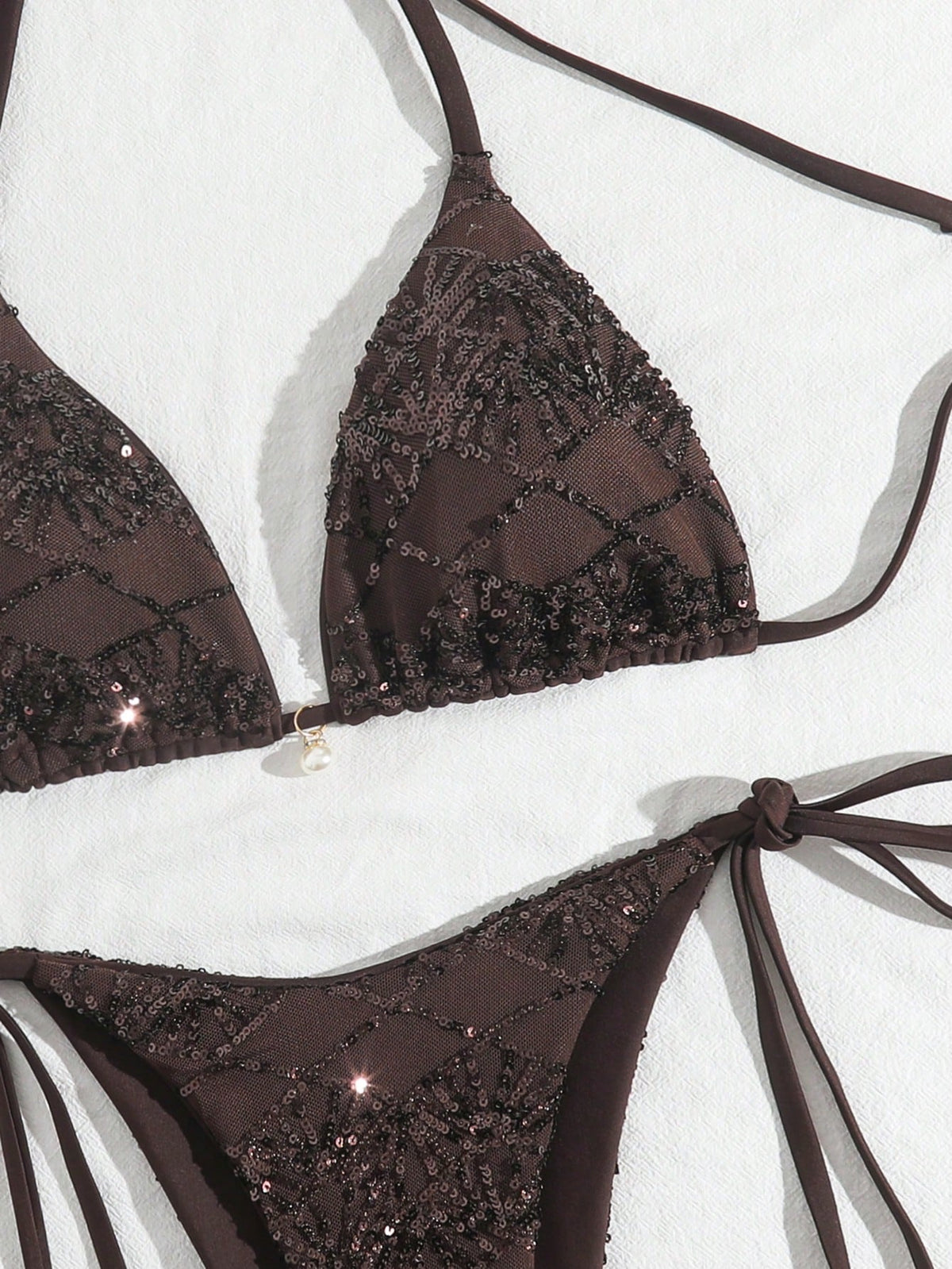 Costavie Brown,Summer,Elegant,Beach Party,Holiday,Holiday 2-Piece Swimwear Set,Sparkly Textured Pearl Decor Halter Triangle Bra Top & Side Tie Bikini Bottoms