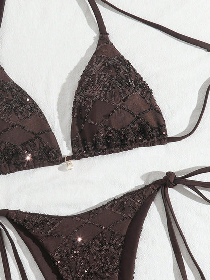 Costavie Brown,Summer,Elegant,Beach Party,Holiday,Holiday 2-Piece Swimwear Set,Sparkly Textured Pearl Decor Halter Triangle Bra Top & Side Tie Bikini Bottoms