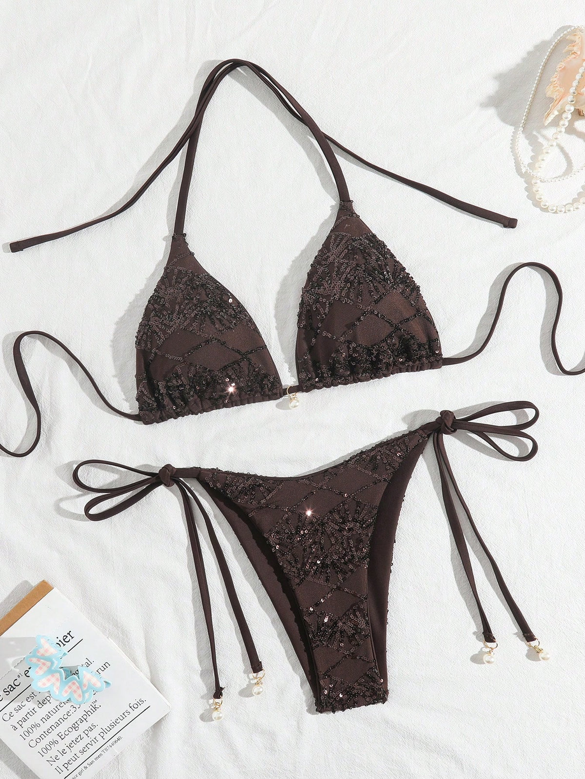 Costavie Brown,Summer,Elegant,Beach Party,Holiday,Holiday 2-Piece Swimwear Set,Sparkly Textured Pearl Decor Halter Triangle Bra Top & Side Tie Bikini Bottoms