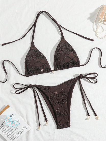 Costavie Brown,Summer,Elegant,Beach Party,Holiday,Holiday 2-Piece Swimwear Set,Sparkly Textured Pearl Decor Halter Triangle Bra Top & Side Tie Bikini Bottoms