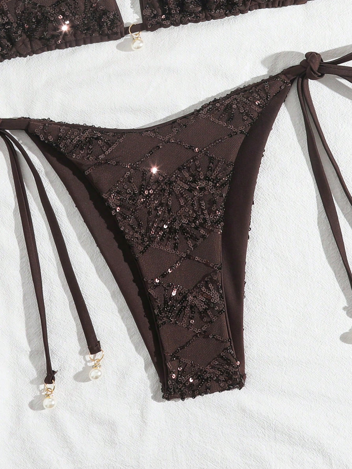 Costavie Brown,Summer,Elegant,Beach Party,Holiday,Holiday 2-Piece Swimwear Set,Sparkly Textured Pearl Decor Halter Triangle Bra Top & Side Tie Bikini Bottoms