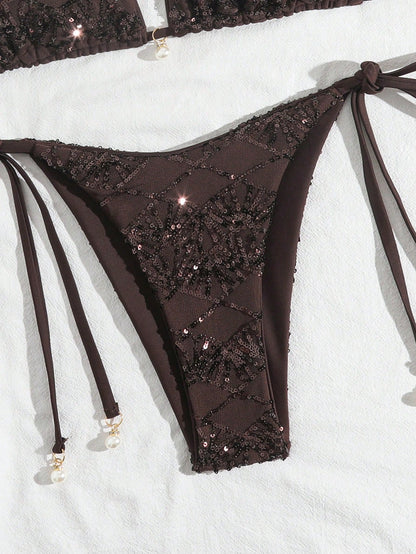Costavie Brown,Summer,Elegant,Beach Party,Holiday,Holiday 2-Piece Swimwear Set,Sparkly Textured Pearl Decor Halter Triangle Bra Top & Side Tie Bikini Bottoms