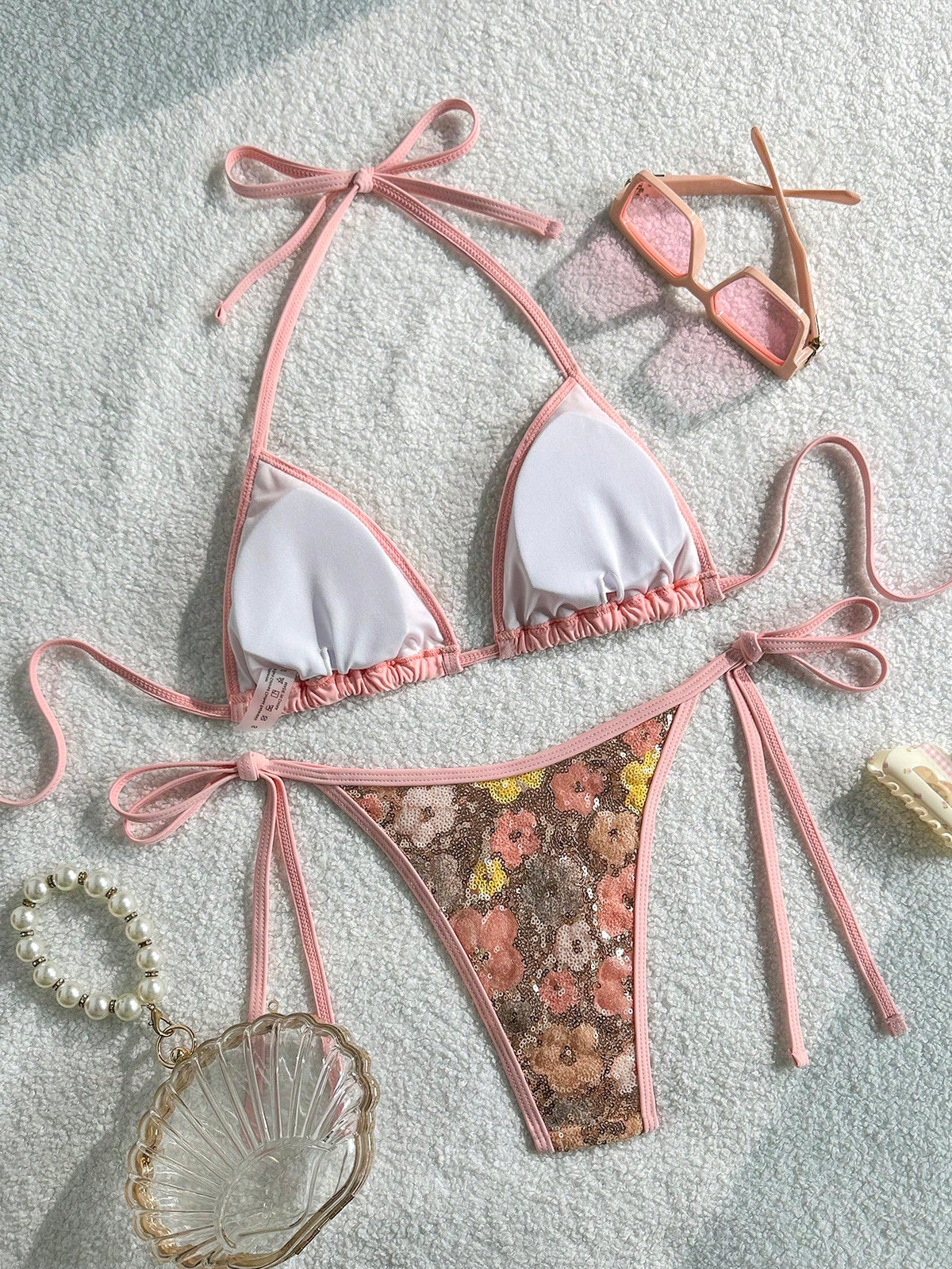 Costavie Brown,Summer,Elegant,Beach Party,Holiday,Holiday 2-Piece Swimwear Set,Sparkly Textured Pearl Decor Halter Triangle Bra Top & Side Tie Bikini Bottoms