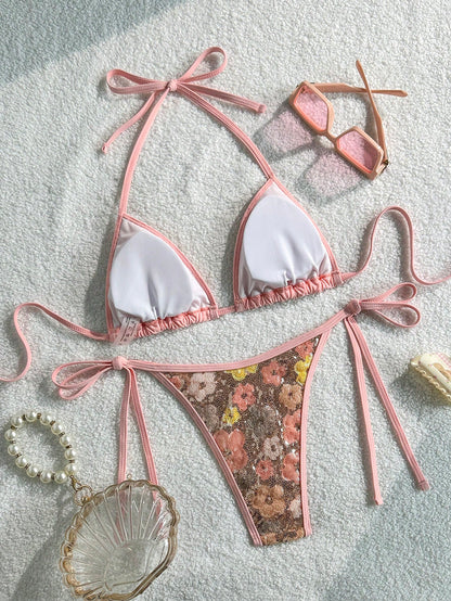 Costavie Brown,Summer,Elegant,Beach Party,Holiday,Holiday 2-Piece Swimwear Set,Sparkly Textured Pearl Decor Halter Triangle Bra Top & Side Tie Bikini Bottoms
