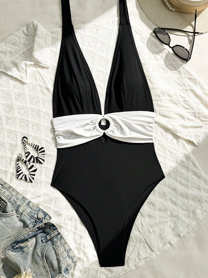 Costavie Summer Beach Women's Vacation Solid Color Maillard One-Piece Swimsuit, Tummy Control, Slimming, High Cut, Sexy One-Piece
