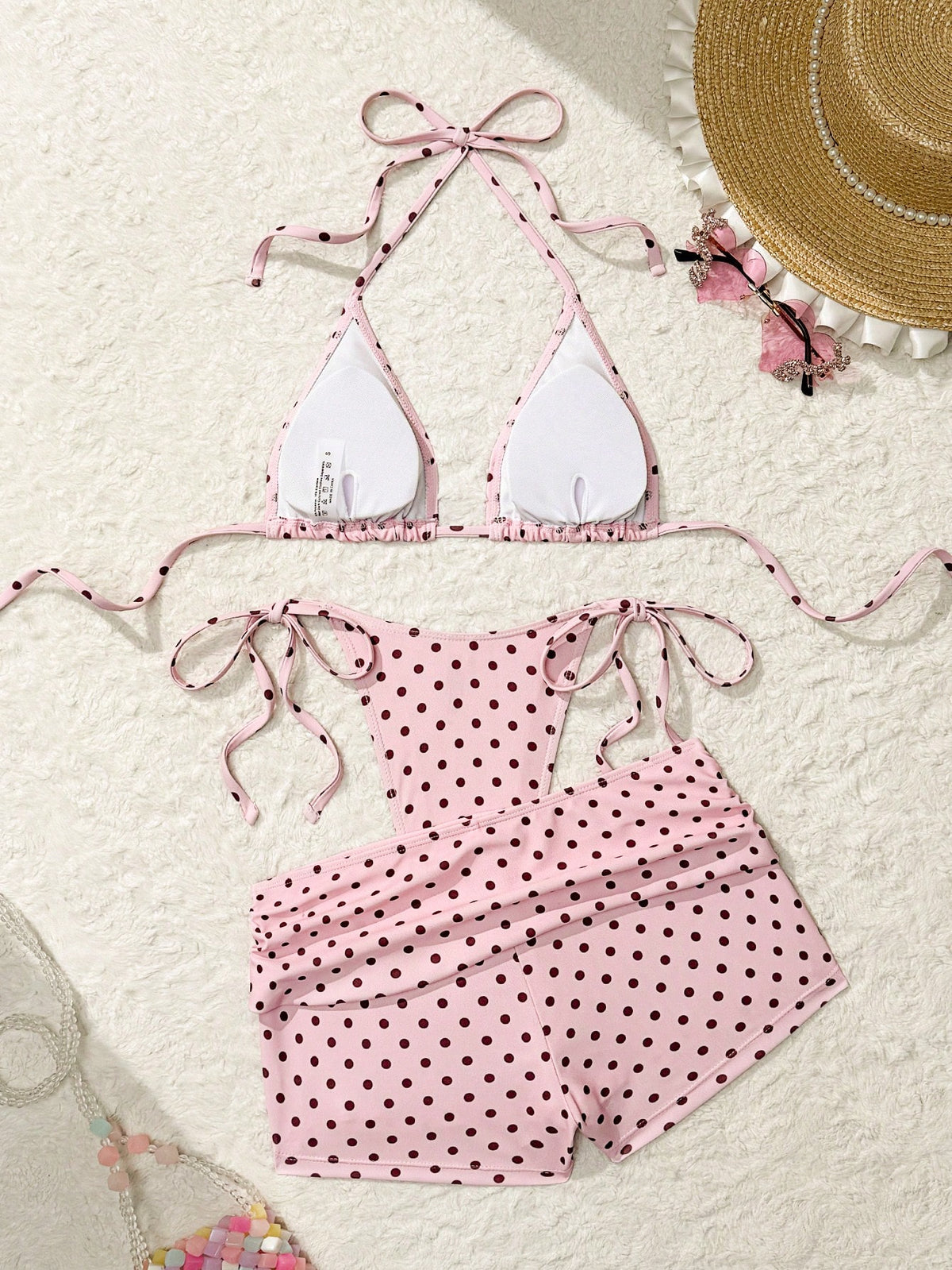 Costavie Summer New Beach Vacation Party Afternoon Tea Polka Dot Print Micro Triangle Side Tie Ruched 3 PiecesWomen Swimwear Set