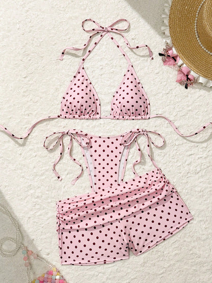 Costavie Summer New Beach Vacation Party Afternoon Tea Polka Dot Print Micro Triangle Side Tie Ruched 3 PiecesWomen Swimwear Set