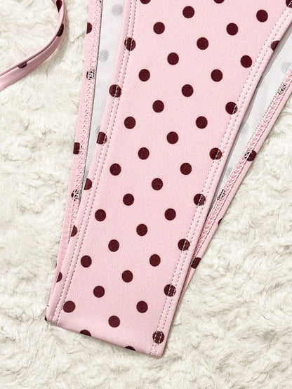 Costavie Summer New Beach Vacation Party Afternoon Tea Polka Dot Print Micro Triangle Side Tie Ruched 3 PiecesWomen Swimwear Set