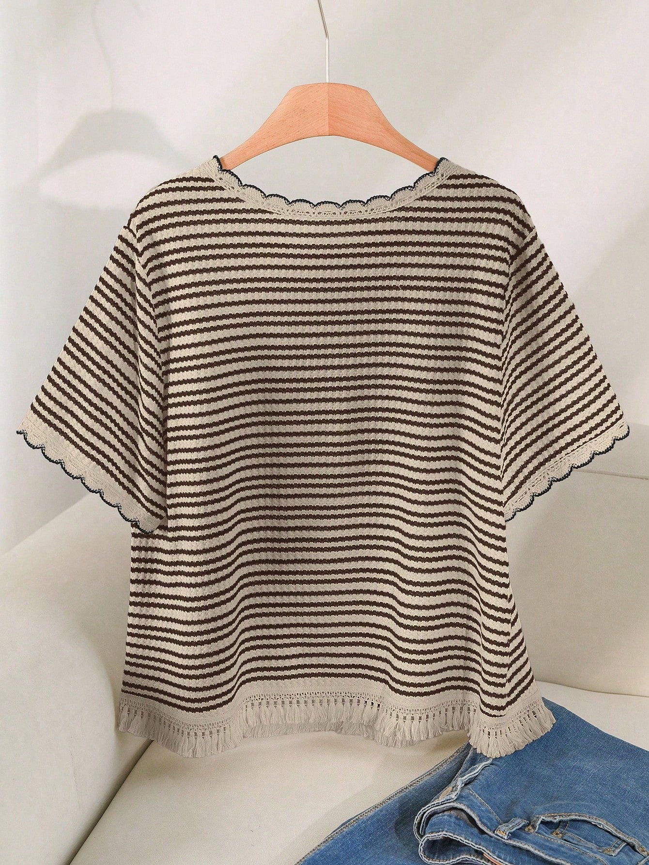 CosyJoli Plus Size Women Summer Casual Striped Loose Fit Round Neck T-Shirt,Slightly Sheer Spring
